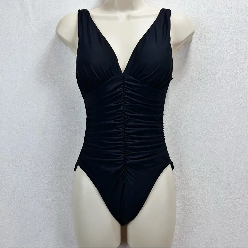 Miraclesuit Solid Sonatina Soft Cup One Piece Swimsuit Black Size 8 Ruched - Picture 4 of 11